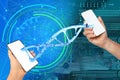 dna helix binds two smartphones, mobile phones with white blank screen in female person, Telecommunication, technology in everyday