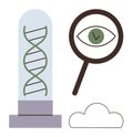DNA Helix in Glass Dome with Magnifying Glass and Cloud Concept for Biotechnology and Research Royalty Free Stock Photo