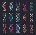 Dna helix icons. Gene spiral molecule structure, human genetic code, chromosome chain logo. Genetics science Royalty Free Stock Photo