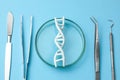 DNA helix research. Concept of genetic experiments on human biological code DNA. Medical instrument scalpel and forceps.