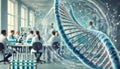 Dna helix rotating in laboratory setting with scientists working