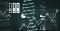 DNA helix running on lab dashboard, with line graphs, bar charts, pie chart, folders, text panels Royalty Free Stock Photo