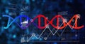 DNA helix shifting colors in data visualization with grid, data overlays and particle dots Royalty Free Stock Photo