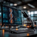 DNA Helix Visualization with Microscope in Gradient Glass Bioinformatics Lab Setting Royalty Free Stock Photo