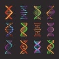 DNA icons. Biochemistry researching laboratory double helix symbols, gene model pictograms. Genetic code molecule vector Royalty Free Stock Photo