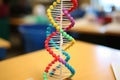 DNA model in school classroom, science and education concept. selective focus, A 3D model of a DNA strand in biology class, AI Royalty Free Stock Photo