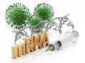 DNA model, syringe, virus model and mRNA text isolated on white background. 3D illustration