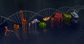 DNA molecule strand. Biodiversity, variety of animals in water. View 4 . 3d rendering
