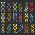 DNA molecule chains colourful icons collection on black background
