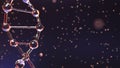 DNA molecule and floating droplets, shallow focus. Biochemistry, medical test or genetic research concepts. 3D rendering Royalty Free Stock Photo