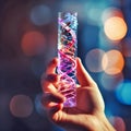 DNA molecule in test tube on blue bokeh background. Biotechnology concept. Generative AI