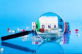 DNA pill on the background of a laboratory table with medicines and preparations. View through a magnifying glass. On a blue Royalty Free Stock Photo