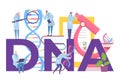 Dna research with gene in laboratory, vector illustration. Biothenology science work, man woman character study molecule Royalty Free Stock Photo