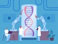 Dna research robot concept, modern biological experiment, vector illustration. Man and woman, scientist examine organism