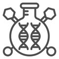 DNA sample flask line icon, genetic research concept. Vector graphics. Medical glass with DNA chain sign on white