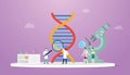 Dna science analysis concept with team doctor scientist and big dna with modern flat style - vector
