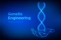 DNA sequence in hand. Wireframe DNA molecules structure mesh. DNA code editable template. Science and Technology concept. Vector