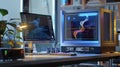 A DNA sequencing machine in action with quantum computing graphics and data visualization on the computer screen