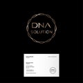 DNA solution logo. DNA emblem. Double spiral as gold circle. Business card.