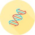 DNA spiral in circle icon with long shadows. Deoxyribonucleic, nucleic acid helix. Spiraling strands. Chromosome. Molecular biolog