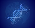 DNA spiral 3d low poly symbol with blue world map background. Science concept design illustration. Genetic helix Royalty Free Stock Photo