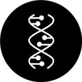 DNA spirals in black circle icon. Deoxyribonucleic, nucleic acid helix. Spiraling strands. Chromosome. Molecular biology. Genetic