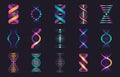 Dna spirals collection. Biotechnology and genetic research models. DNA helix and chromosome structure. Pharmaceutical