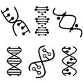 DNA spirals violet and turquoise color icons set. Deoxyribonucleic, nucleic acid helix. Spiraling strands. Chromosome. Molecular b