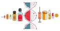 DNA strand based medical theme composition with lots of different drugs and meds vector illustration isolated, drugstore or