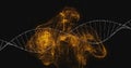 DNA strand and glowing particles, scientific data processing image