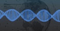 DNA strand image over digital world map and binary coding