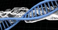 DNA strand over dynamic wave patterns and grid background, scientific data visualization
