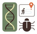 DNA strand, tracking map, and bug icon representing science, exploration, and biological research Royalty Free Stock Photo