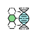 Dna structure, genetics, molecule analysis flat color line icon.