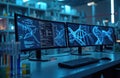 DNA structure sequencing data on multiple monitors in hightech laboratory. Advanced setup cutting edge genetic research, health, Royalty Free Stock Photo