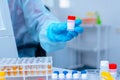 Dna test in the lab. Test tubes with biomaterials on the table in the laboratory Royalty Free Stock Photo