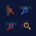 DNA testing icons set. DNA chain in magnifying glass sign. genetic engineering, cloning, paternity testing, DNA analysis Royalty Free Stock Photo