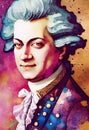 Dnepr Ukraine, December 5, 2022:Portrait of a smiling Wolfgang Amadeus Mozart in color watercolor with picturesque drops