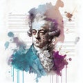 Dnepr Ukraine, December 5, 2022:Portrait of Wolfgang Amadeus Mozart in color watercolor with picturesque dropped paint