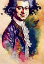 Dnepr Ukraine, December 5, 2022:Portrait of Wolfgang Amadeus Mozart in color watercolor with picturesque runs of paint