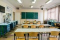 Dnepr, Ukraine - March 30, 2017: Empty class room at the National University. Stands and models of various control systems are in Royalty Free Stock Photo