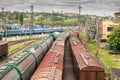 Dnepr, Ukraine - May 09, 2017: Many freight and passenger railroad cars are located at the railway station of the big city. Royalty Free Stock Photo