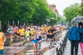 Dnepr, Ukraine - May 20, 2018:Men and women run an amateurish marathon through the streets of the city. Promoting a healthy