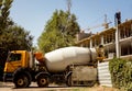 Dnepropetrovsk, Ukraine - 07/08/2020: construction of a new multi-storey building. A concrete truck delivered fresh concrete