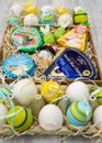 Delicious fresh Easter breakfast with different types of cheese and beautiful bright Easter