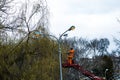 A municipal worker in protective gear replacing bulbs in a street lamp. A worker repairing a