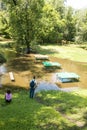 Public park drenched in rain. Water logged park.Wet benches. Park filled with water after