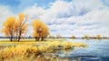 Dnieper River Atoll Watercolor With Willow And Poplar Trees