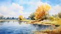 Dnieper River Dell Watercolor Painting With Trees And Blue Sky