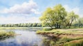 Watercolor Painting Of Dnieper River Pond With Willow And Poplar Trees